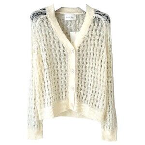 Elle Grey Womens Angora Crochet V Neck Cardigan Cream Boho Cottagecore NWT